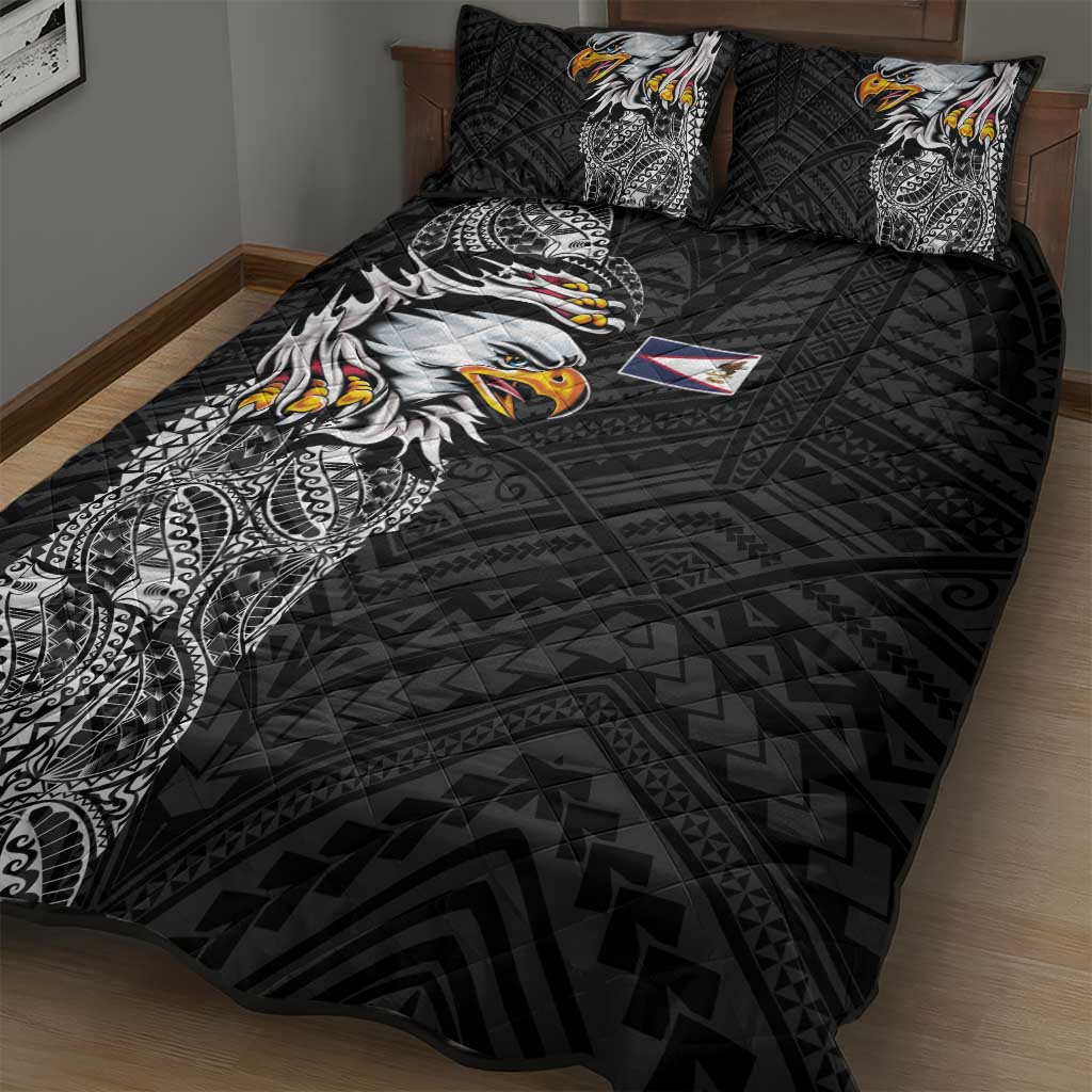 American Samoa Flag Day Quilt Bed Set Tribal Tattoo with Eagle Black