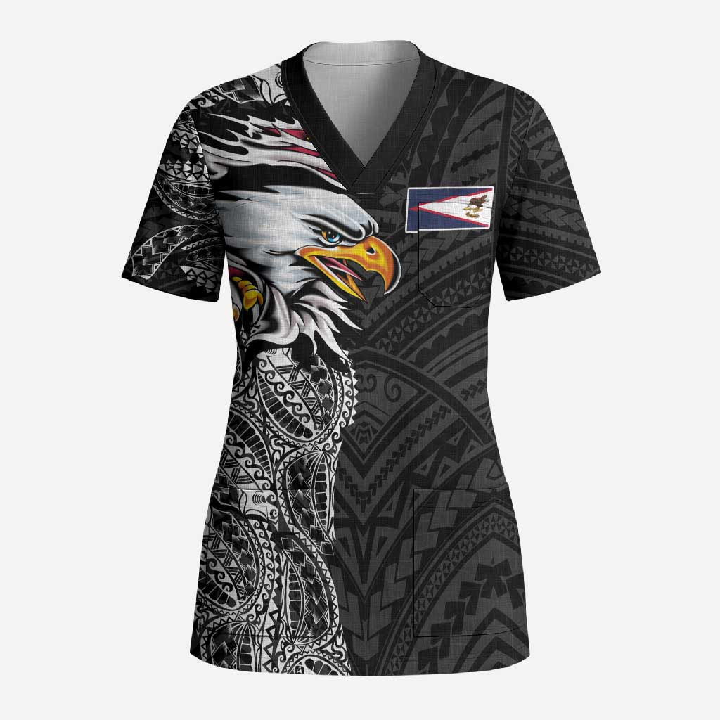 American Samoa Flag Day Scrub Top Tribal Tattoo with Eagle Black