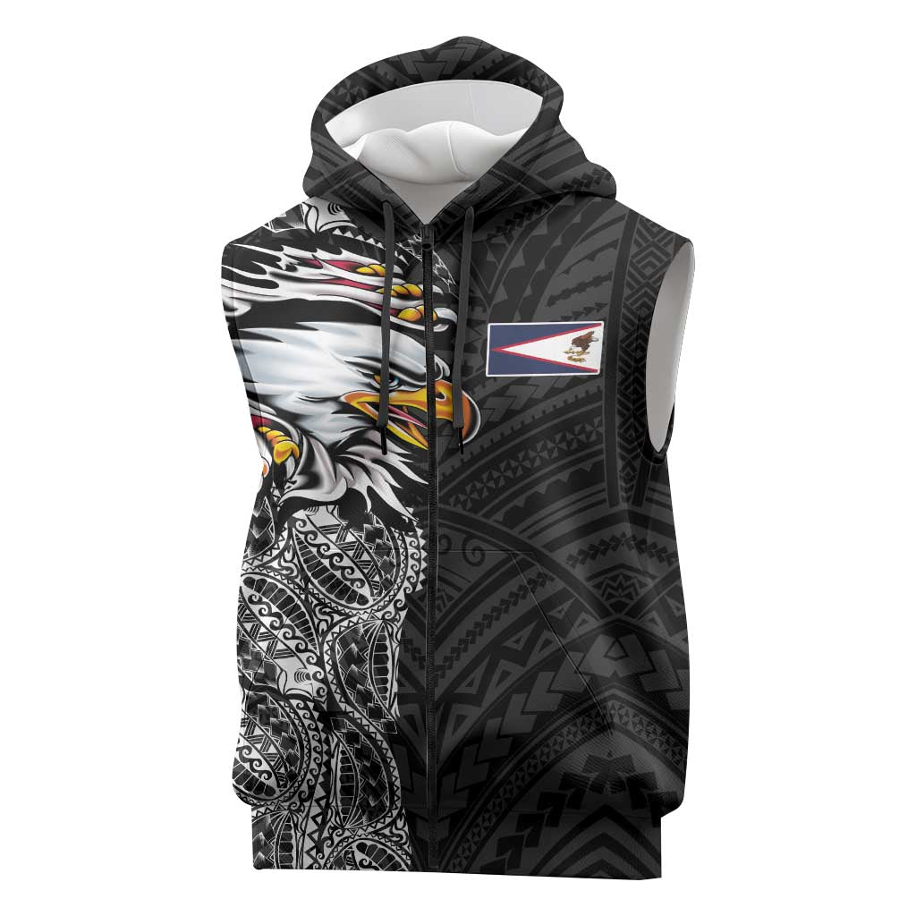 American Samoa Flag Day Sleeveless Zip Hoodie Tribal Tattoo with Eagle Black