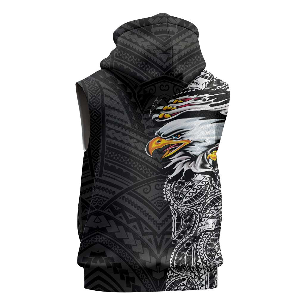 American Samoa Flag Day Sleeveless Zip Hoodie Tribal Tattoo with Eagle Black