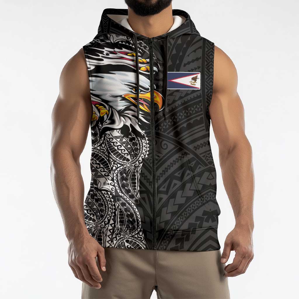 American Samoa Flag Day Sleeveless Zip Hoodie Tribal Tattoo with Eagle Black
