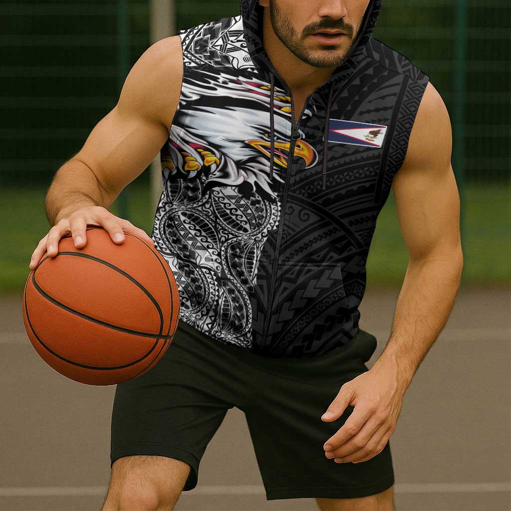 American Samoa Flag Day Sleeveless Zip Hoodie Tribal Tattoo with Eagle Black