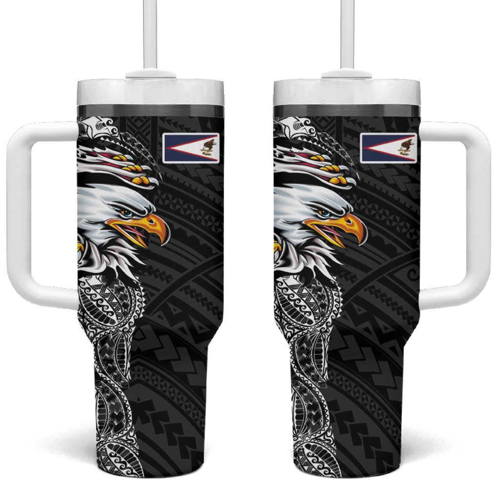 American Samoa Flag Day Tumbler With Handle Tribal Tattoo with Eagle Black LT03 One Size: 40 oz Black - Polynesian Pride