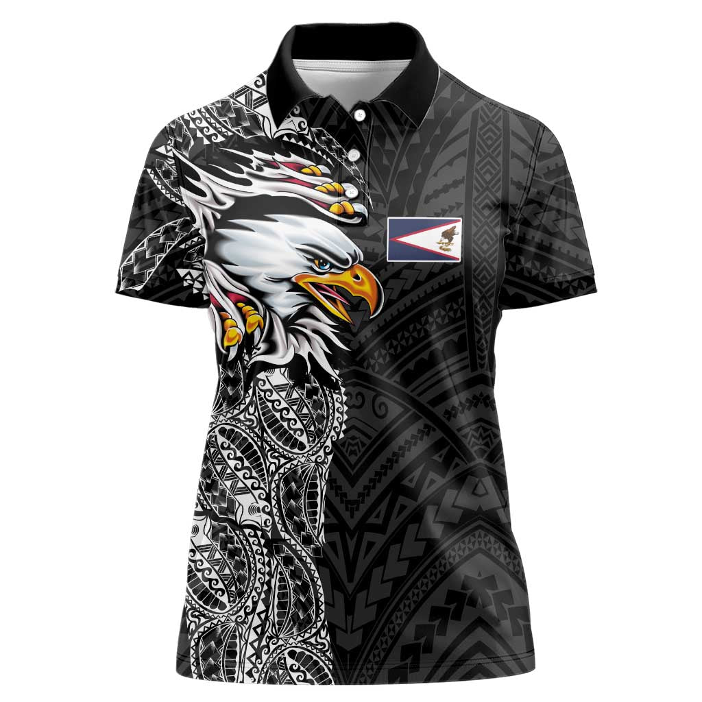 American Samoa Flag Day Women Polo Shirt Tribal Tattoo with Eagle Black LT03 Female Black - Polynesian Pride
