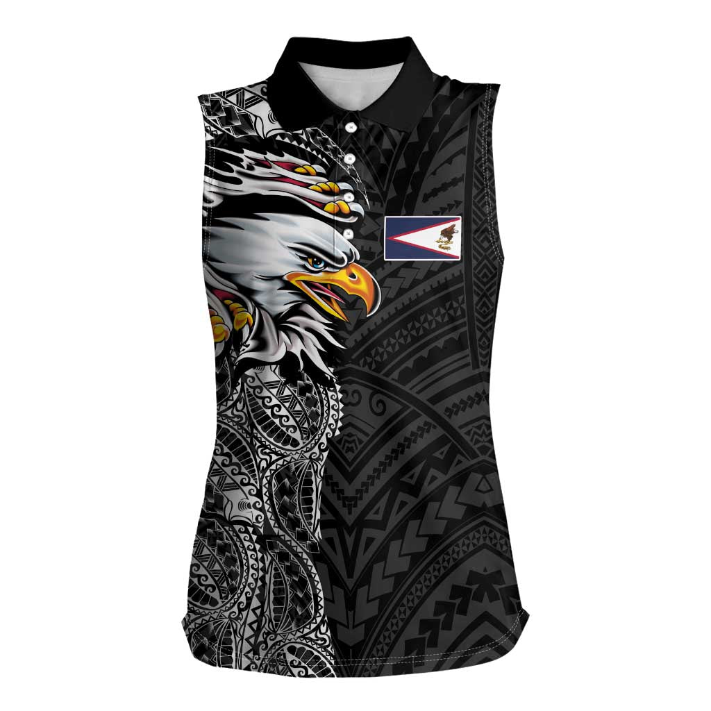 American Samoa Flag Day Women Sleeveless Polo Shirt Tribal Tattoo with Eagle Black LT03 Female Black - Polynesian Pride