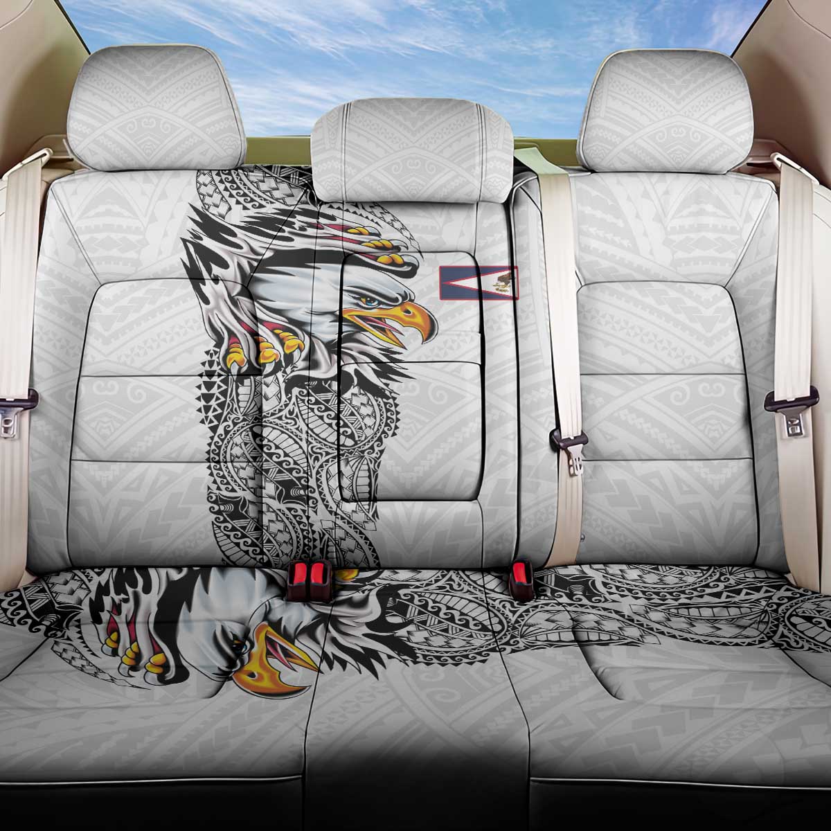 American Samoa Flag Day Back Car Seat Cover Tribal Tattoo with Eagle White