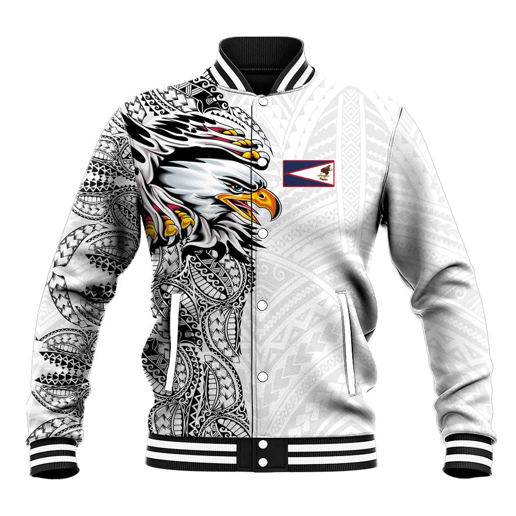 American Samoa Flag Day Baseball Jacket Tribal Tattoo with Eagle White LT03 Unisex White - Polynesian Pride