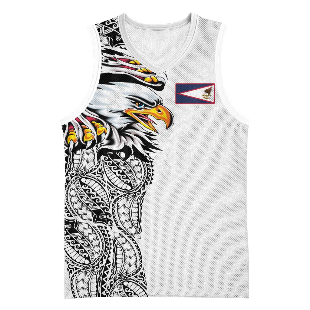 American Samoa Flag Day Basketball Jersey Tribal Tattoo with Eagle White LT03 Unisex White - Polynesian Pride
