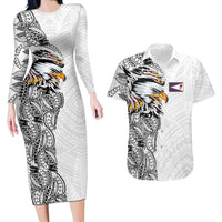 American Samoa Flag Day Couples Matching Long Sleeve Bodycon Dress and Hawaiian Shirt Tribal Tattoo with Eagle White