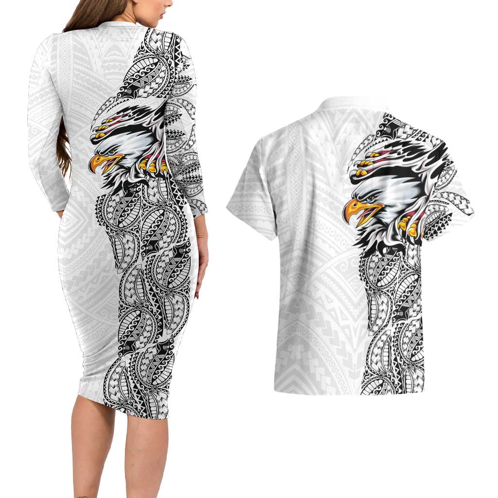 American Samoa Flag Day Couples Matching Long Sleeve Bodycon Dress and Hawaiian Shirt Tribal Tattoo with Eagle White