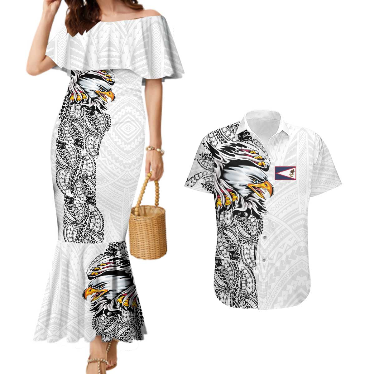American Samoa Flag Day Couples Matching Mermaid Dress and Hawaiian Shirt Tribal Tattoo with Eagle White LT03 White - Polynesian Pride