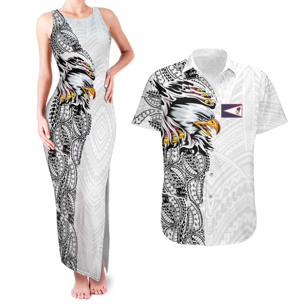 American Samoa Flag Day Couples Matching Tank Maxi Dress and Hawaiian Shirt Tribal Tattoo with Eagle White