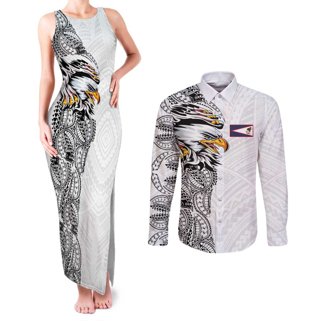 American Samoa Flag Day Couples Matching Tank Maxi Dress and Long Sleeve Button Shirt Tribal Tattoo with Eagle White LT03 White - Polynesian Pride