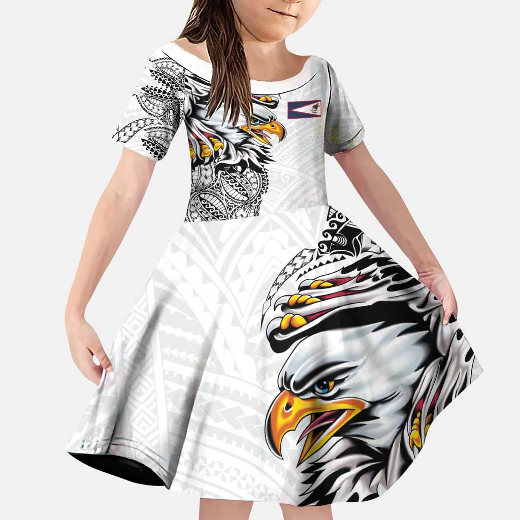 American Samoa Flag Day Family Matching Off The Shoulder Long Sleeve Dress and Hawaiian Shirt Tribal Tattoo with Eagle White