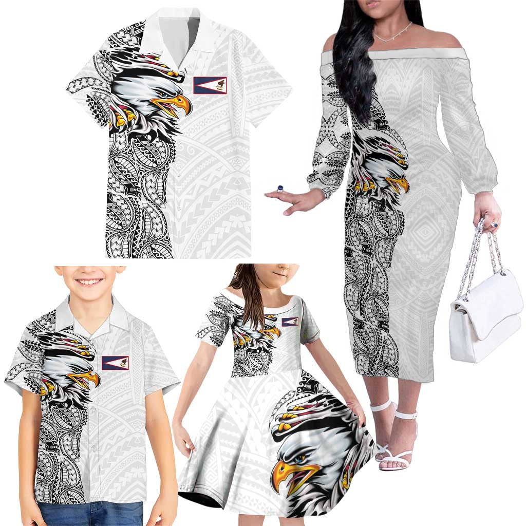 American Samoa Flag Day Family Matching Off The Shoulder Long Sleeve Dress and Hawaiian Shirt Tribal Tattoo with Eagle White