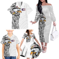 American Samoa Flag Day Family Matching Off The Shoulder Long Sleeve Dress and Hawaiian Shirt Tribal Tattoo with Eagle White