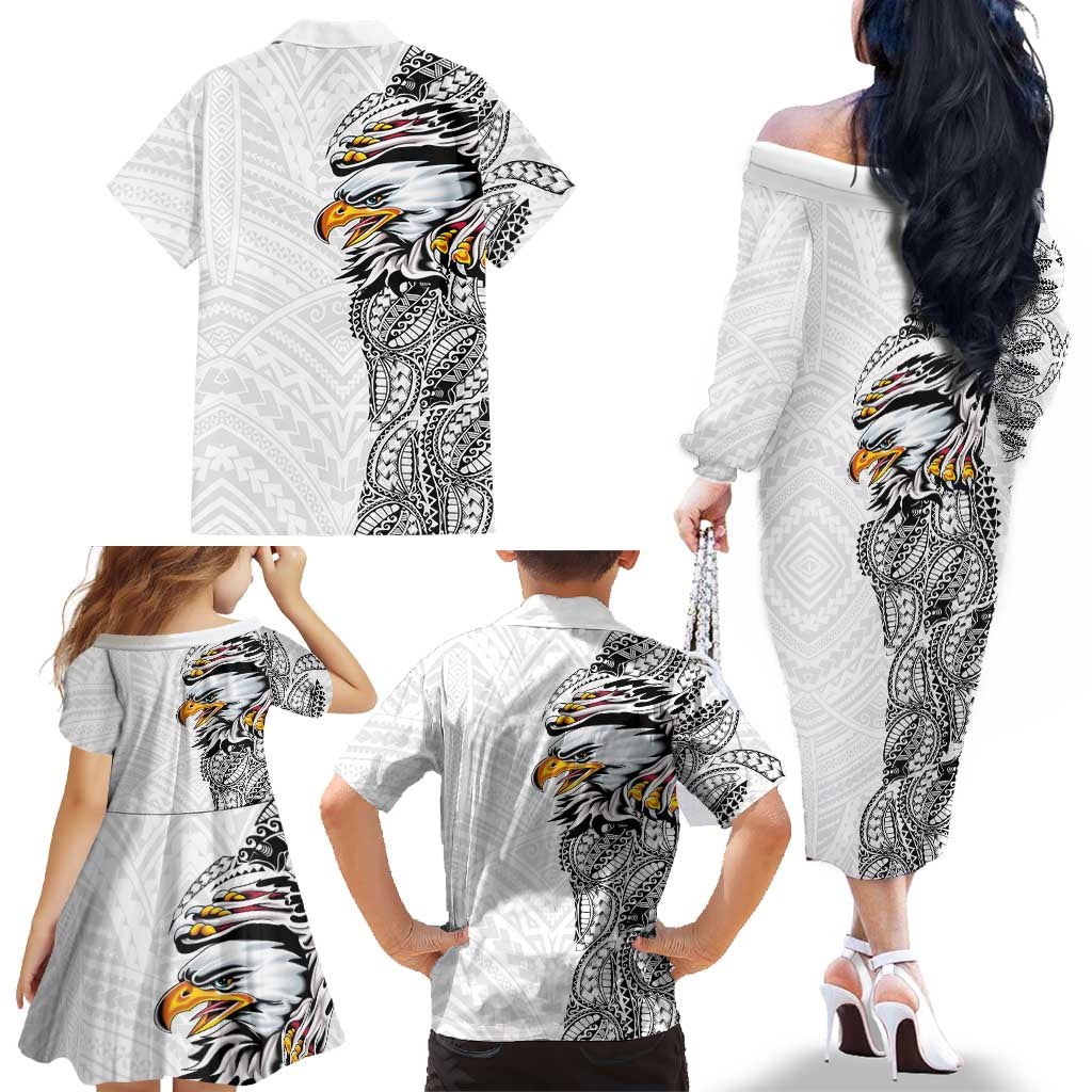 American Samoa Flag Day Family Matching Off The Shoulder Long Sleeve Dress and Hawaiian Shirt Tribal Tattoo with Eagle White