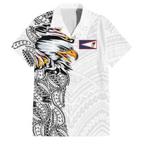 American Samoa Flag Day Family Matching Off The Shoulder Long Sleeve Dress and Hawaiian Shirt Tribal Tattoo with Eagle White