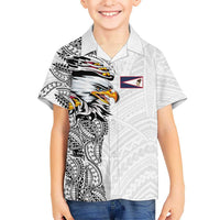 American Samoa Flag Day Family Matching Off The Shoulder Long Sleeve Dress and Hawaiian Shirt Tribal Tattoo with Eagle White