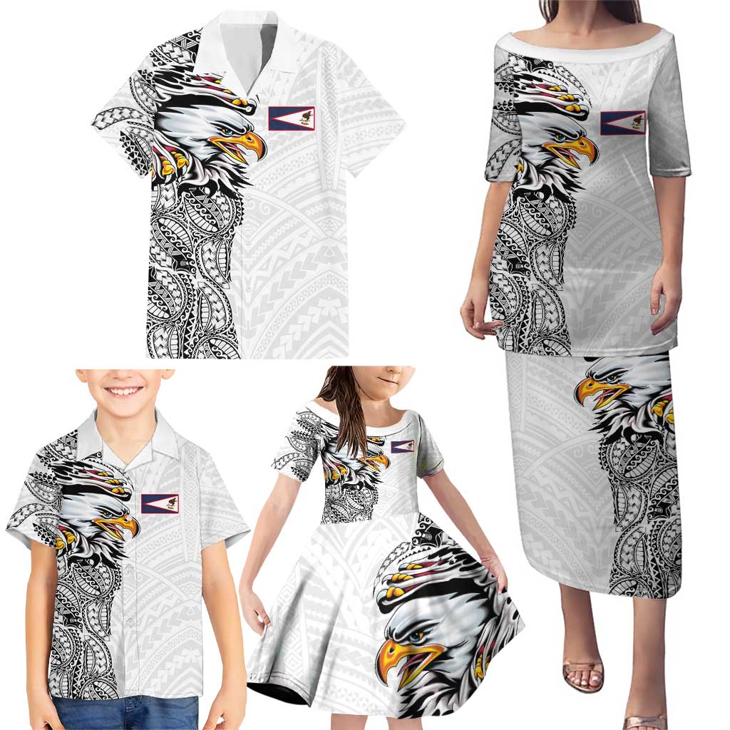 American Samoa Flag Day Family Matching Puletasi and Hawaiian Shirt Tribal Tattoo with Eagle White LT03 - Polynesian Pride