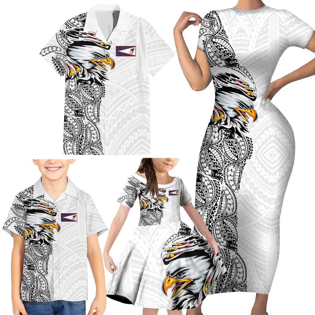 American Samoa Flag Day Family Matching Short Sleeve Bodycon Dress and Hawaiian Shirt Tribal Tattoo with Eagle White LT03 - Polynesian Pride