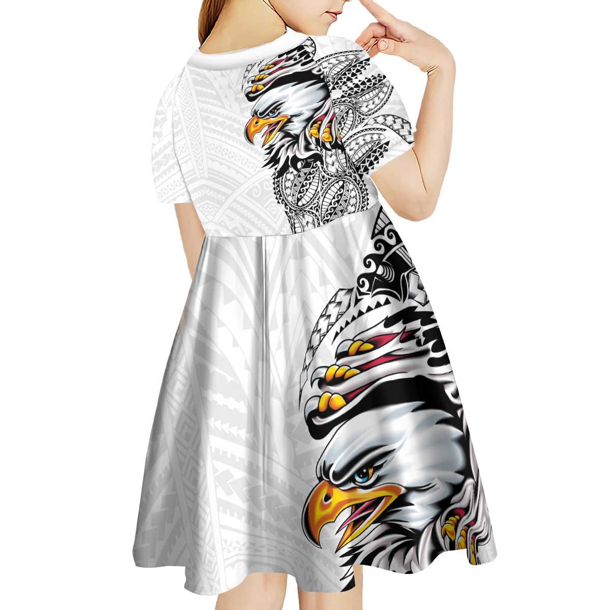 American Samoa Flag Day Kid Short Sleeve Dress Tribal Tattoo with Eagle White