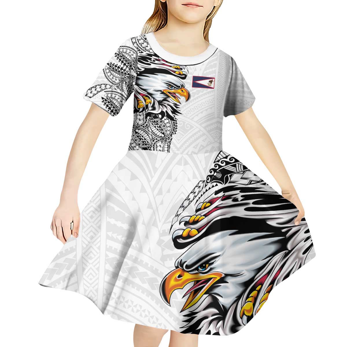 American Samoa Flag Day Kid Short Sleeve Dress Tribal Tattoo with Eagle White