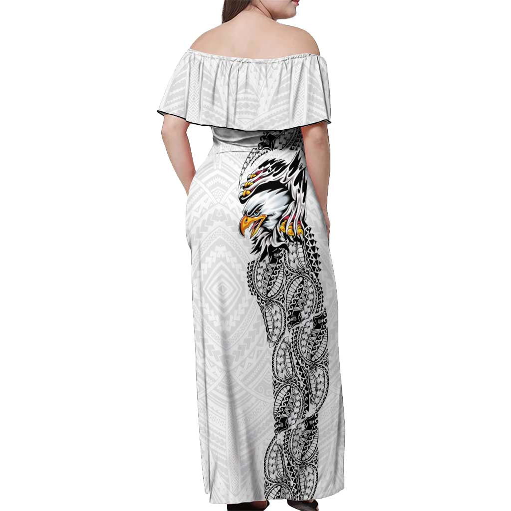 American Samoa Flag Day Off Shoulder Maxi Dress Tribal Tattoo with Eagle White