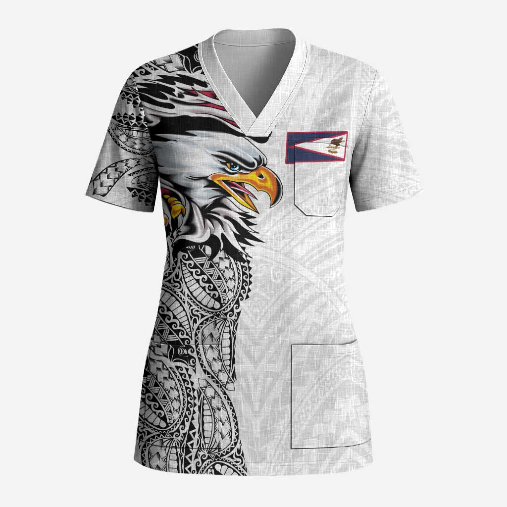 American Samoa Flag Day Scrub Top Tribal Tattoo with Eagle White