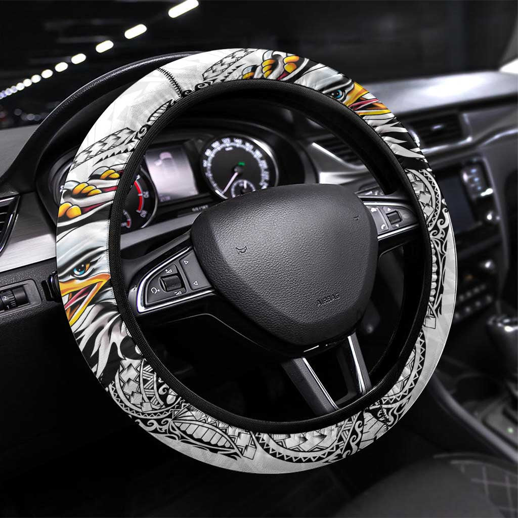 American Samoa Flag Day Steering Wheel Cover Tribal Tattoo with Eagle White LT03 Universal Fit White - Polynesian Pride