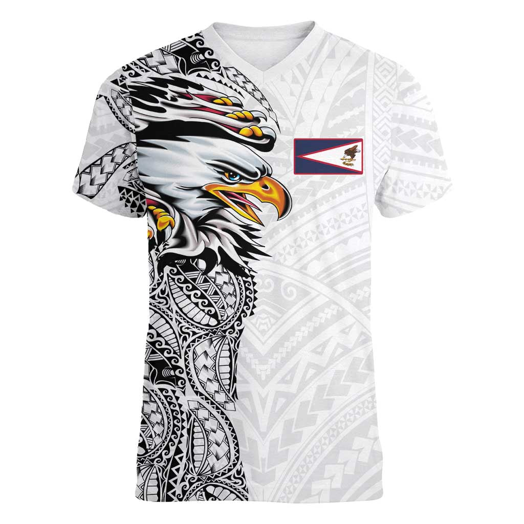 American Samoa Flag Day Women V-Neck T-Shirt Tribal Tattoo with Eagle White LT03 Female White - Polynesian Pride