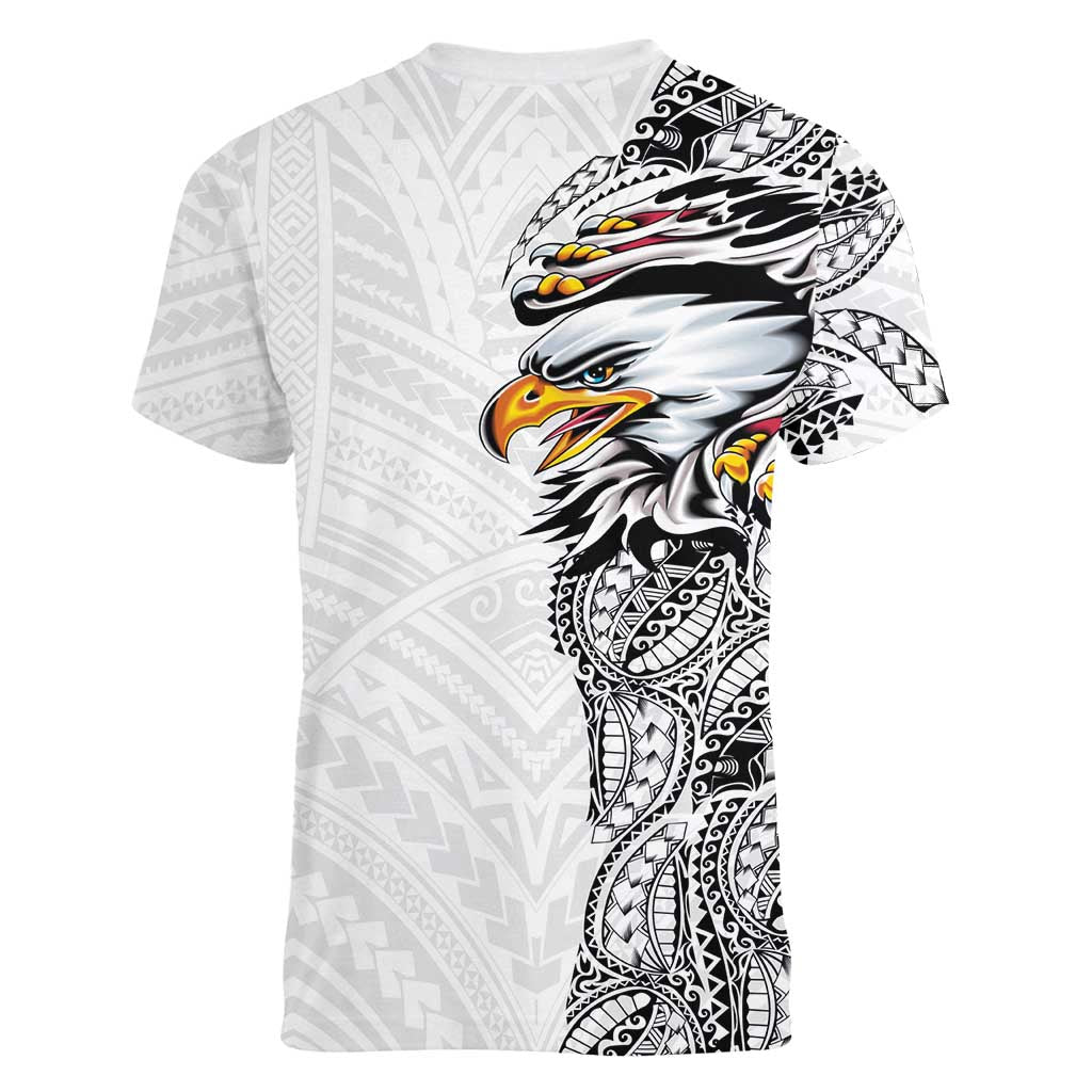 American Samoa Flag Day Women V-Neck T-Shirt Tribal Tattoo with Eagle White LT03 - Polynesian Pride