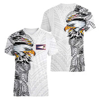 American Samoa Flag Day Women V-Neck T-Shirt Tribal Tattoo with Eagle White LT03 - Polynesian Pride