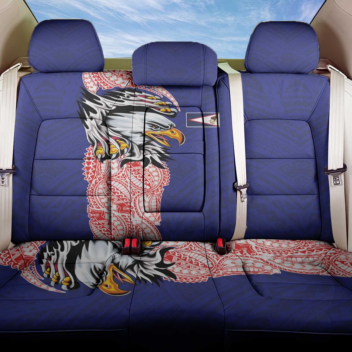 American Samoa Flag Day Back Car Seat Cover Tribal Tattoo with Eagle Blue-Red