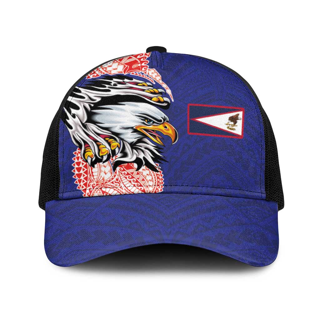 American Samoa Flag Day Baseball Net Cap Tribal Tattoo with Eagle Blue-Red