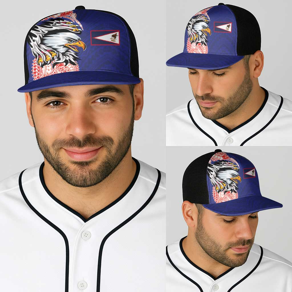 American Samoa Flag Day Baseball Net Cap Tribal Tattoo with Eagle Blue-Red