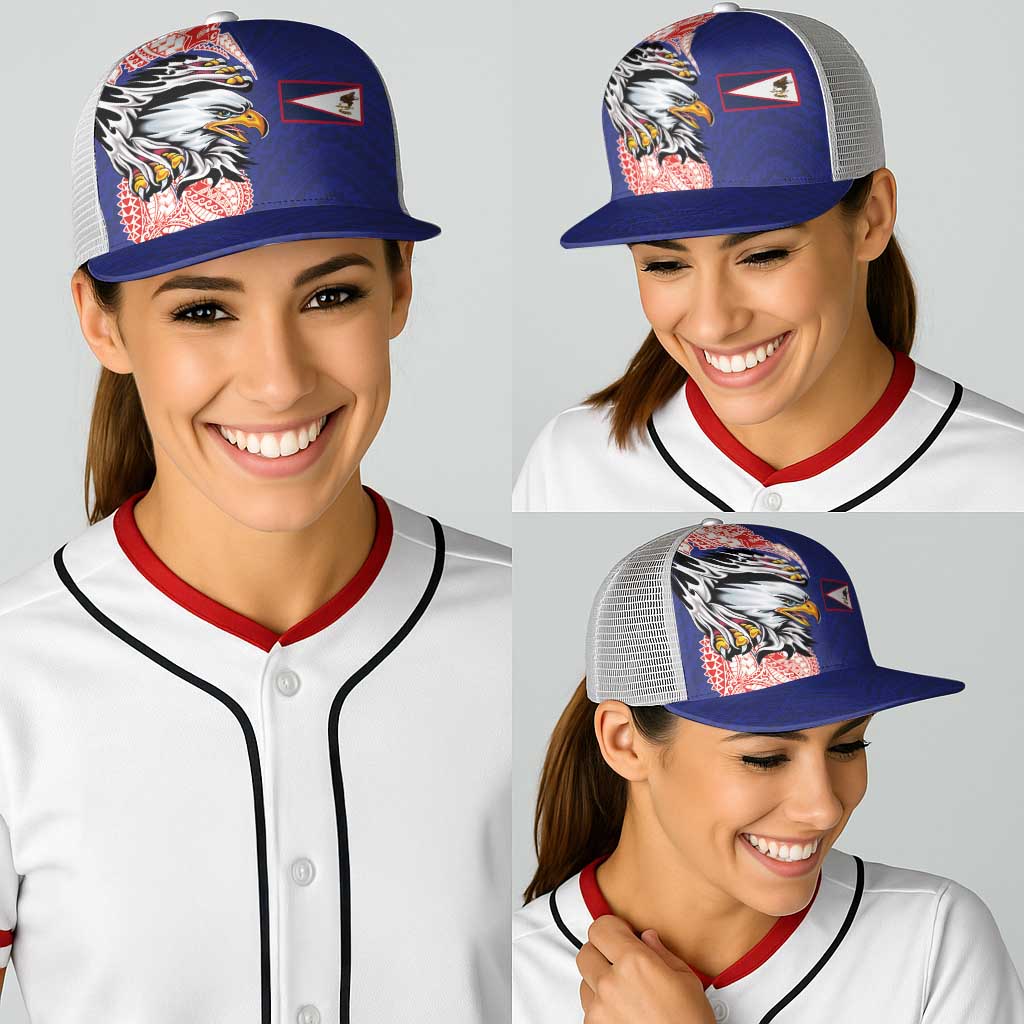 American Samoa Flag Day Baseball Net Cap Tribal Tattoo with Eagle Blue-Red