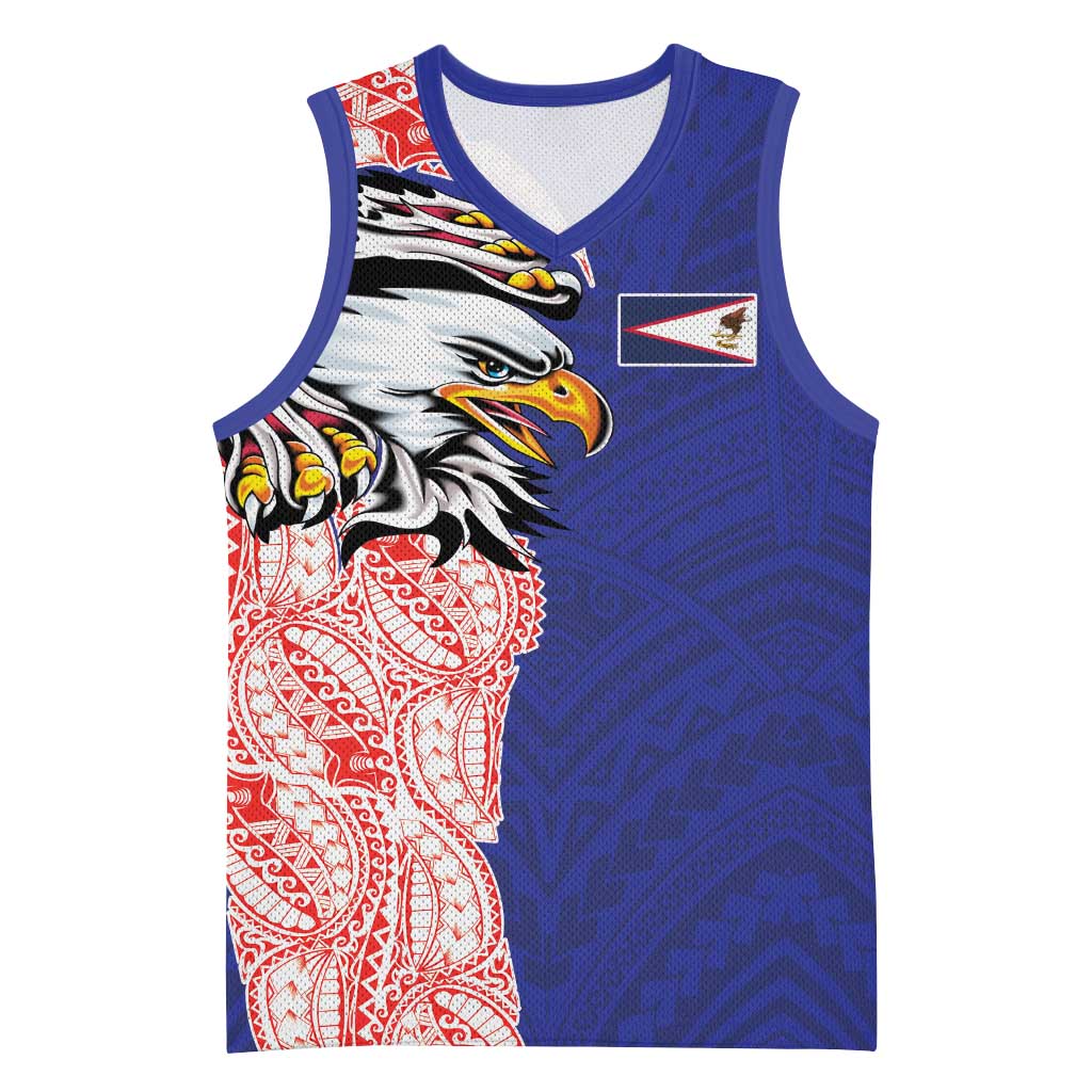 American Samoa Flag Day Basketball Jersey Tribal Tattoo with Eagle Blue-Red LT03 Unisex Blue - Polynesian Pride