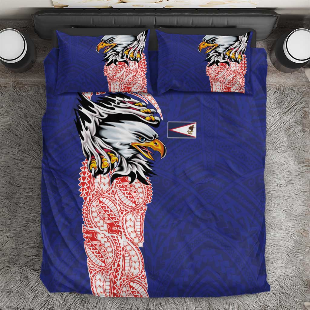 American Samoa Flag Day Bedding Set Tribal Tattoo with Eagle Blue-Red