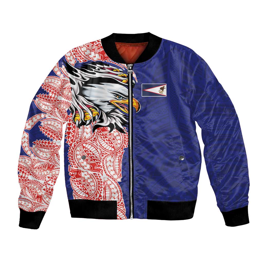 American Samoa Flag Day Bomber Jacket Tribal Tattoo with Eagle Blue-Red LT03 Unisex Blue - Polynesian Pride