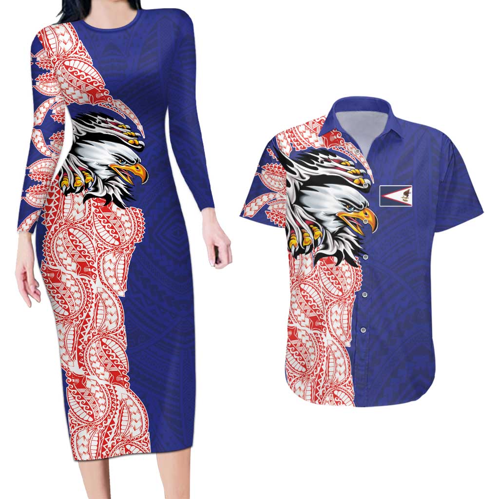 American Samoa Flag Day Couples Matching Long Sleeve Bodycon Dress and Hawaiian Shirt Tribal Tattoo with Eagle Blue-Red