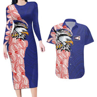 American Samoa Flag Day Couples Matching Long Sleeve Bodycon Dress and Hawaiian Shirt Tribal Tattoo with Eagle Blue-Red