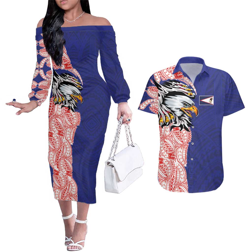 American Samoa Flag Day Couples Matching Off The Shoulder Long Sleeve Dress and Hawaiian Shirt Tribal Tattoo with Eagle Blue-Red LT03 Blue - Polynesian Pride