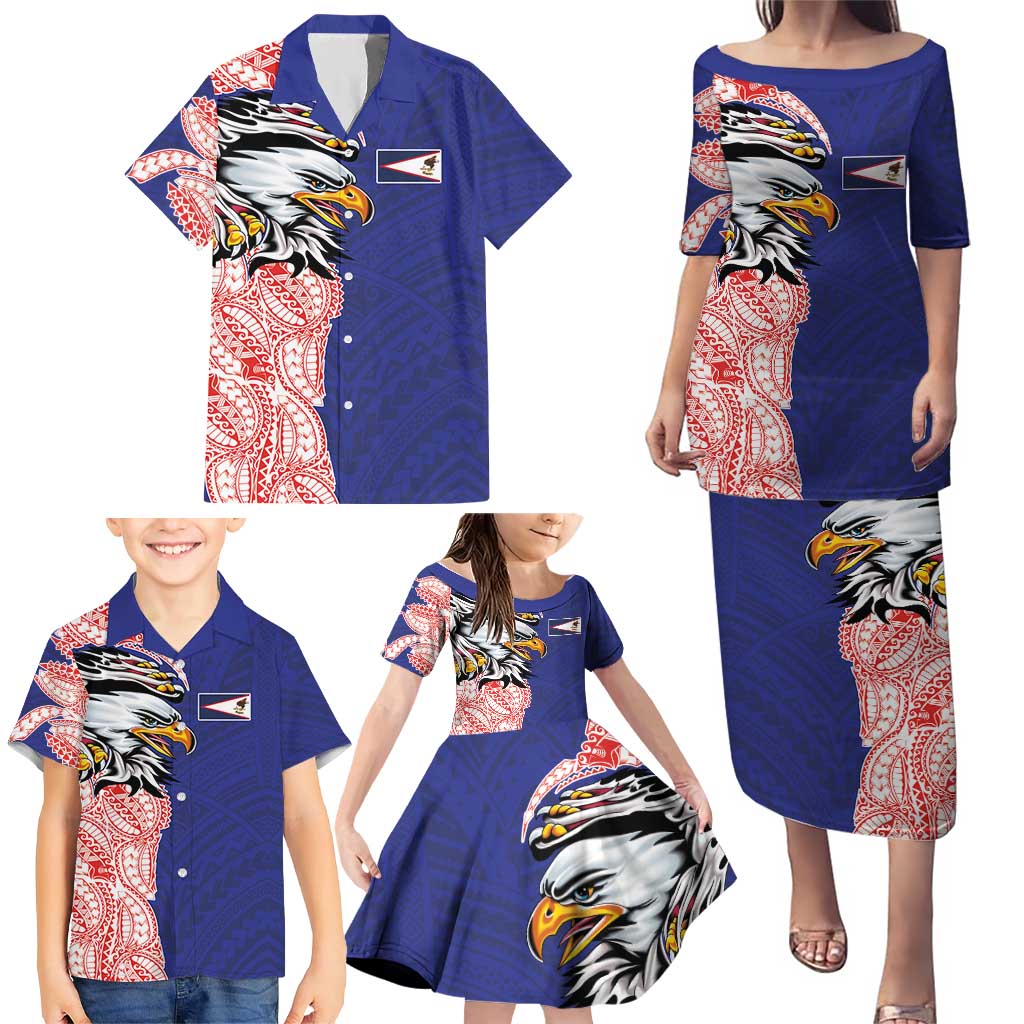 American Samoa Flag Day Family Matching Puletasi and Hawaiian Shirt Tribal Tattoo with Eagle Blue-Red LT03 - Polynesian Pride