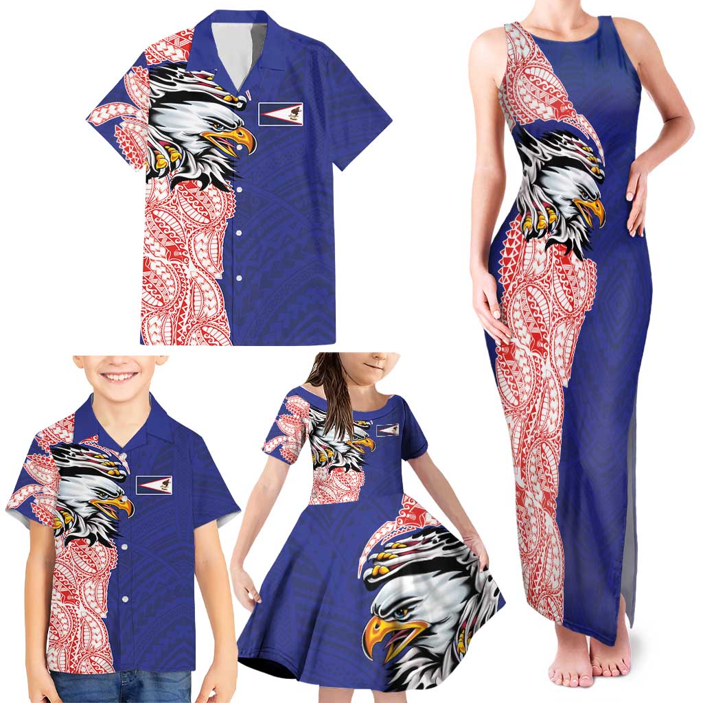 American Samoa Flag Day Family Matching Tank Maxi Dress and Hawaiian Shirt Tribal Tattoo with Eagle Blue-Red