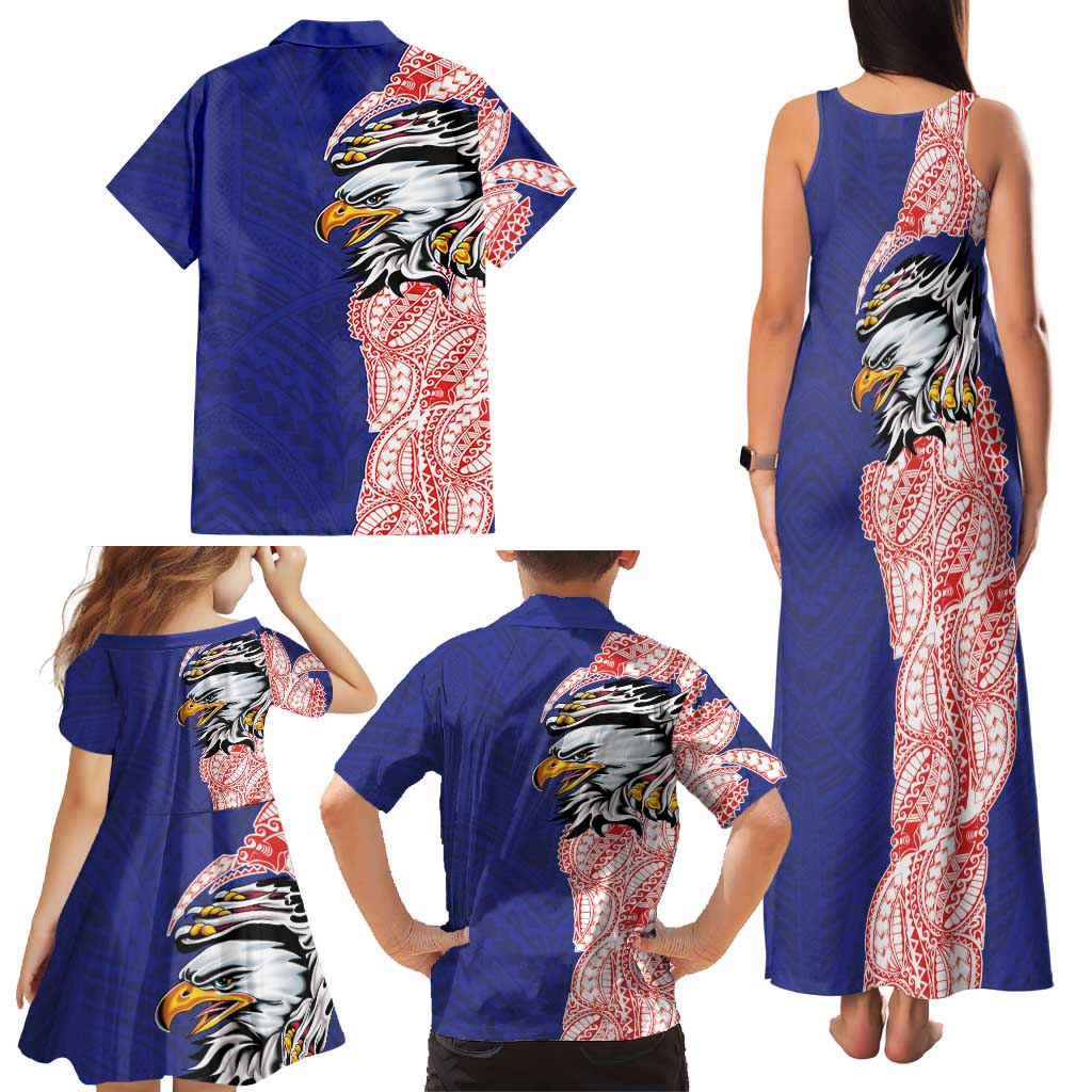 American Samoa Flag Day Family Matching Tank Maxi Dress and Hawaiian Shirt Tribal Tattoo with Eagle Blue-Red