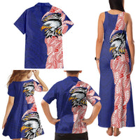 American Samoa Flag Day Family Matching Tank Maxi Dress and Hawaiian Shirt Tribal Tattoo with Eagle Blue-Red