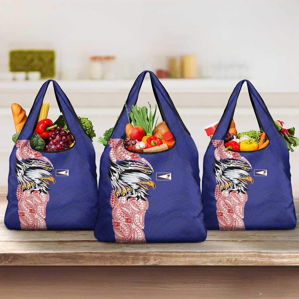 American Samoa Flag Day Grocery Bag Tribal Tattoo with Eagle Blue-Red LT03 3-pack One Size Blue - Polynesian Pride