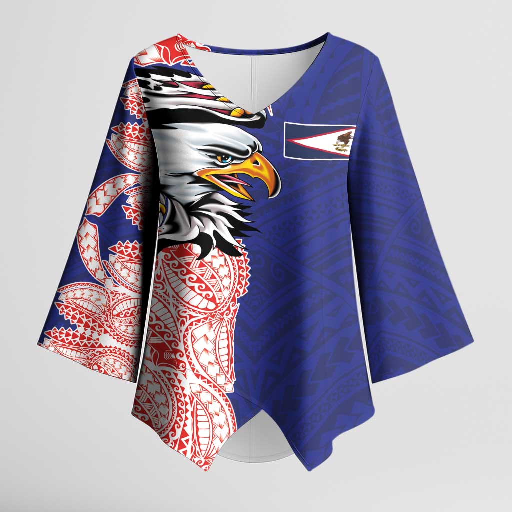 American Samoa Flag Day Kimono Sleeve Blouse Tribal Tattoo with Eagle Blue-Red LT03 Female Blue - Polynesian Pride