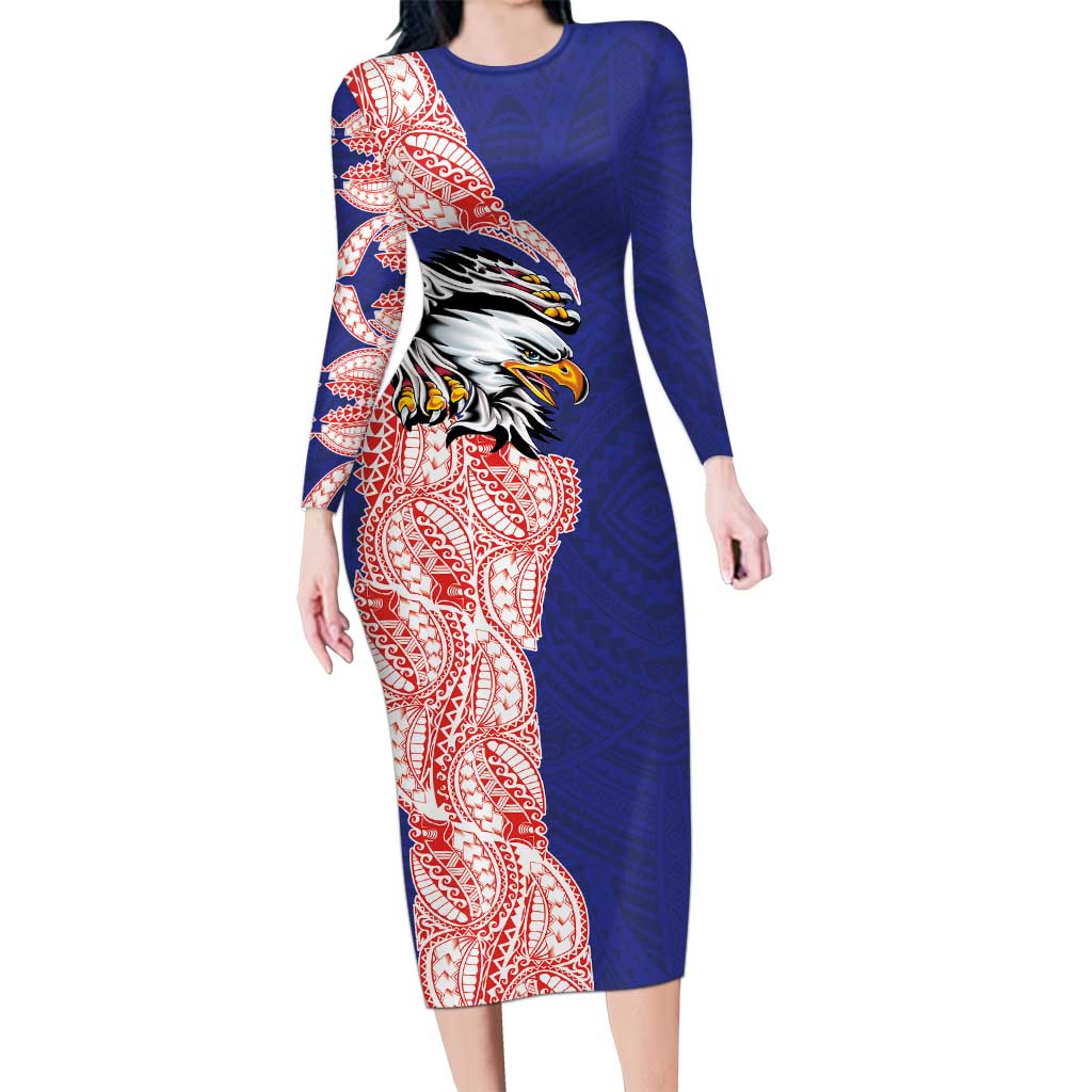 American Samoa Flag Day Long Sleeve Bodycon Dress Tribal Tattoo with Eagle Blue-Red LT03 Long Dress Blue - Polynesian Pride
